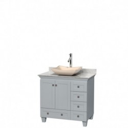 36 inch Single Bathroom Vanity in Oyster Gray, White Carrera Marble Countertop, Avalon Ivory Marble Sink, and No Mirror