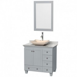 36 inch Single Bathroom Vanity in Oyster Gray, White Carrera Marble Countertop, Avalon Ivory Marble Sink, and 24 inch Mirror