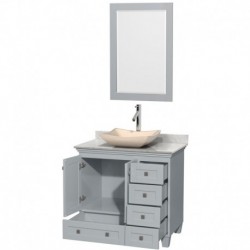 36 inch Single Bathroom Vanity in Oyster Gray, White Carrera Marble Countertop, Avalon Ivory Marble Sink, and 24 inch Mirror
