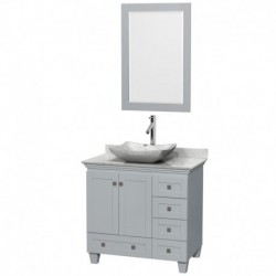 36 inch Single Bathroom Vanity in Oyster Gray, White Carrera Marble Countertop, Avalon White Carrera Marble Sink, and 24 inch M