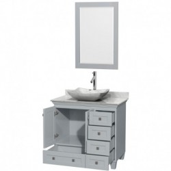 36 inch Single Bathroom Vanity in Oyster Gray, White Carrera Marble Countertop, Avalon White Carrera Marble Sink, and 24 inch M