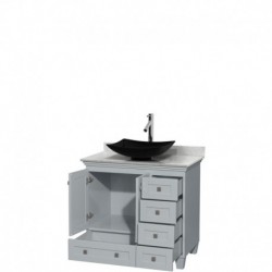 36 inch Single Bathroom Vanity in Oyster Gray, White Carrera Marble Countertop, Arista Black Granite Sink, and No Mirror