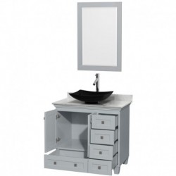 36 inch Single Bathroom Vanity in Oyster Gray, White Carrera Marble Countertop, Arista Black Granite Sink, and 24 inch Mirror