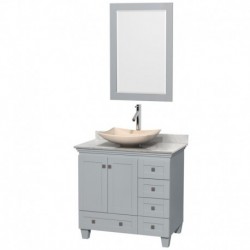 36 inch Single Bathroom Vanity in Oyster Gray, White Carrera Marble Countertop, Arista Ivory Marble Sink, and 24 inch Mirror