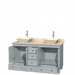 60 inch Double Bathroom Vanity in Oyster Gray, Ivory Marble Countertop, Pyra Bone Porcelain Sinks, and No Mirrors