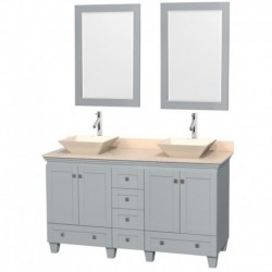 60 inch Double Bathroom Vanity in Oyster Gray, Ivory Marble Countertop, Pyra Bone Porcelain Sinks, and 24 inch Mirrors