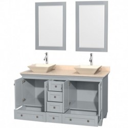 60 inch Double Bathroom Vanity in Oyster Gray, Ivory Marble Countertop, Pyra Bone Porcelain Sinks, and 24 inch Mirrors