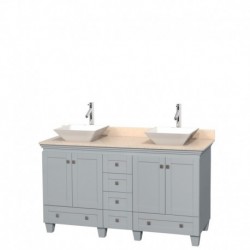60 inch Double Bathroom Vanity in Oyster Gray, Ivory Marble Countertop, Pyra White Porcelain Sinks, and No Mirrors