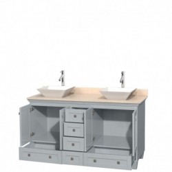 60 inch Double Bathroom Vanity in Oyster Gray, Ivory Marble Countertop, Pyra White Porcelain Sinks, and No Mirrors