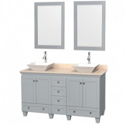 60 inch Double Bathroom Vanity in Oyster Gray, Ivory Marble Countertop, Pyra White Porcelain Sinks, and 24 inch Mirrors