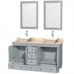 60 inch Double Bathroom Vanity in Oyster Gray, Ivory Marble Countertop, Pyra White Porcelain Sinks, and 24 inch Mirrors