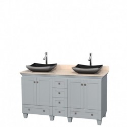 60 inch Double Bathroom Vanity in Oyster Gray, Ivory Marble Countertop, Altair Black Granite Sinks, and No Mirrors