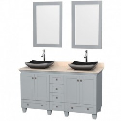 60 inch Double Bathroom Vanity in Oyster Gray, Ivory Marble Countertop, Altair Black Granite Sinks, and 24 inch Mirrors