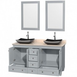 60 inch Double Bathroom Vanity in Oyster Gray, Ivory Marble Countertop, Altair Black Granite Sinks, and 24 inch Mirrors