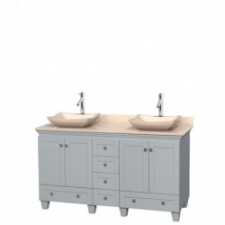 60 inch Double Bathroom Vanity in Oyster Gray, Ivory Marble Countertop, Avalon Ivory Marble Sinks, and No Mirrors