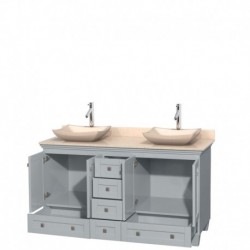 60 inch Double Bathroom Vanity in Oyster Gray, Ivory Marble Countertop, Avalon Ivory Marble Sinks, and No Mirrors