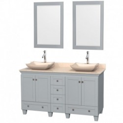 60 inch Double Bathroom Vanity in Oyster Gray, Ivory Marble Countertop, Avalon Ivory Marble Sinks, and 24 inch Mirrors