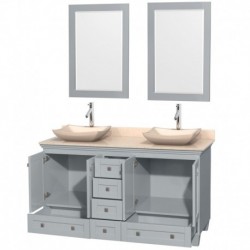 60 inch Double Bathroom Vanity in Oyster Gray, Ivory Marble Countertop, Avalon Ivory Marble Sinks, and 24 inch Mirrors