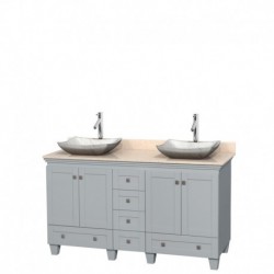 60 inch Double Bathroom Vanity in Oyster Gray, Ivory Marble Countertop, Avalon White Carrera Marble Sinks, and No Mirrors