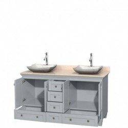 60 inch Double Bathroom Vanity in Oyster Gray, Ivory Marble Countertop, Avalon White Carrera Marble Sinks, and No Mirrors