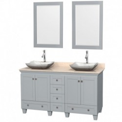 60 inch Double Bathroom Vanity in Oyster Gray, Ivory Marble Countertop, Avalon White Carrera Marble Sinks, and 24 inch Mirrors