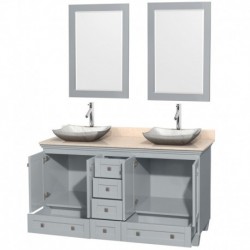 60 inch Double Bathroom Vanity in Oyster Gray, Ivory Marble Countertop, Avalon White Carrera Marble Sinks, and 24 inch Mirrors