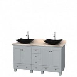 60 inch Double Bathroom Vanity in Oyster Gray, Ivory Marble Countertop, Arista Black Granite Sinks, and No Mirrors