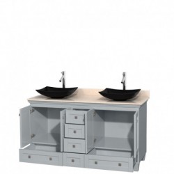 60 inch Double Bathroom Vanity in Oyster Gray, Ivory Marble Countertop, Arista Black Granite Sinks, and No Mirrors