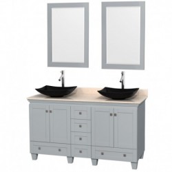 60 inch Double Bathroom Vanity in Oyster Gray, Ivory Marble Countertop, Arista Black Granite Sinks, and 24 inch Mirrors