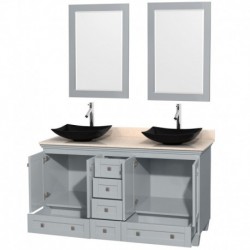 60 inch Double Bathroom Vanity in Oyster Gray, Ivory Marble Countertop, Arista Black Granite Sinks, and 24 inch Mirrors