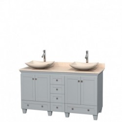 60 inch Double Bathroom Vanity in Oyster Gray, Ivory Marble Countertop, Arista Ivory Marble Sinks, and No Mirrors