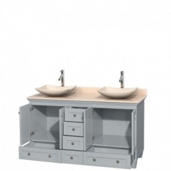60 inch Double Bathroom Vanity in Oyster Gray, Ivory Marble Countertop, Arista Ivory Marble Sinks, and No Mirrors