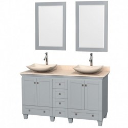60 inch Double Bathroom Vanity in Oyster Gray, Ivory Marble Countertop, Arista Ivory Marble Sinks, and 24 inch Mirrors
