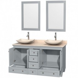 60 inch Double Bathroom Vanity in Oyster Gray, Ivory Marble Countertop, Arista Ivory Marble Sinks, and 24 inch Mirrors