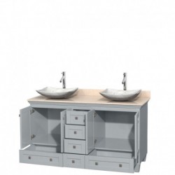60 inch Double Bathroom Vanity in Oyster Gray, Ivory Marble Countertop, Arista White Carrera Marble Sinks, and No Mirrors