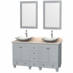 60 inch Double Bathroom Vanity in Oyster Gray, Ivory Marble Countertop, Arista White Carrera Marble Sinks, and 24 inch Mirrors