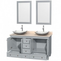 60 inch Double Bathroom Vanity in Oyster Gray, Ivory Marble Countertop, Arista White Carrera Marble Sinks, and 24 inch Mirrors
