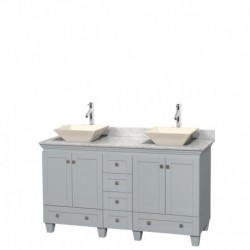 60 inch Double Bathroom Vanity in Oyster Gray, White Carrera Marble Countertop, Pyra Bone Porcelain Sinks, and No Mirrors