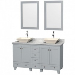 60 inch Double Bathroom Vanity in Oyster Gray, White Carrera Marble Countertop, Pyra Bone Porcelain Sinks, and 24 inch Mirrors