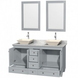 60 inch Double Bathroom Vanity in Oyster Gray, White Carrera Marble Countertop, Pyra Bone Porcelain Sinks, and 24 inch Mirrors