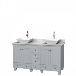 60 inch Double Bathroom Vanity in Oyster Gray, White Carrera Marble Countertop, Pyra White Porcelain Sinks, and No Mirrors