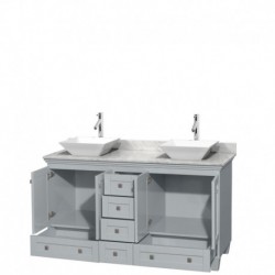 60 inch Double Bathroom Vanity in Oyster Gray, White Carrera Marble Countertop, Pyra White Porcelain Sinks, and No Mirrors
