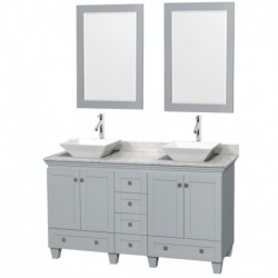 60 inch Double Bathroom Vanity in Oyster Gray, White Carrera Marble Countertop, Pyra White Porcelain Sinks, and 24 inch Mirrors