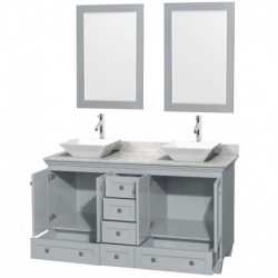 60 inch Double Bathroom Vanity in Oyster Gray, White Carrera Marble Countertop, Pyra White Porcelain Sinks, and 24 inch Mirrors
