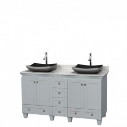 60 inch Double Bathroom Vanity in Oyster Gray, White Carrera Marble Countertop, Altair Black Granite Sinks, and No Mirrors