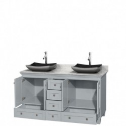 60 inch Double Bathroom Vanity in Oyster Gray, White Carrera Marble Countertop, Altair Black Granite Sinks, and No Mirrors