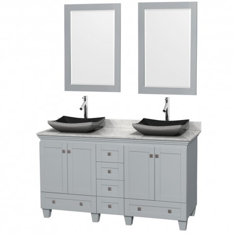 60 inch Double Bathroom Vanity in Oyster Gray, White Carrera Marble Countertop, Altair Black Granite Sinks, and 24 inch Mirrors