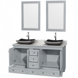 60 inch Double Bathroom Vanity in Oyster Gray, White Carrera Marble Countertop, Altair Black Granite Sinks, and 24 inch Mirrors