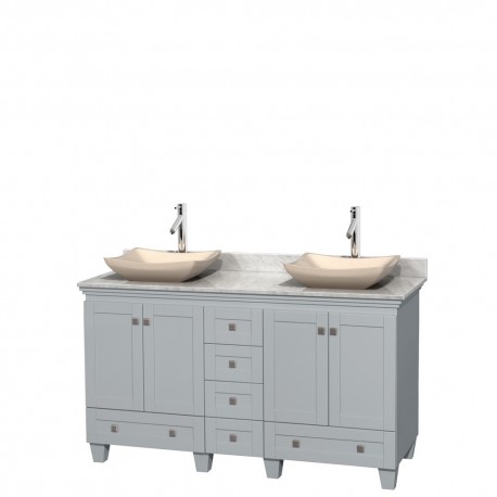 60 inch Double Bathroom Vanity in Oyster Gray, White Carrera Marble Countertop, Avalon Ivory Marble Sinks, and No Mirrors