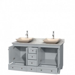 60 inch Double Bathroom Vanity in Oyster Gray, White Carrera Marble Countertop, Avalon Ivory Marble Sinks, and No Mirrors